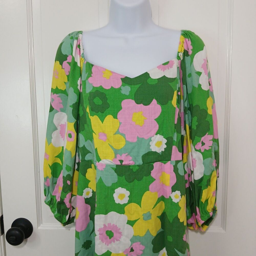 Sugarlips Women's Large Green Floral Mini Dress Puff Sleeve Square Neck - Picture 3 of 16